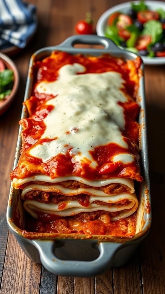 A loaf pan filled with layered lasagna, featuring meat sauce and gooey cheese, served on a wooden table with a side salad.